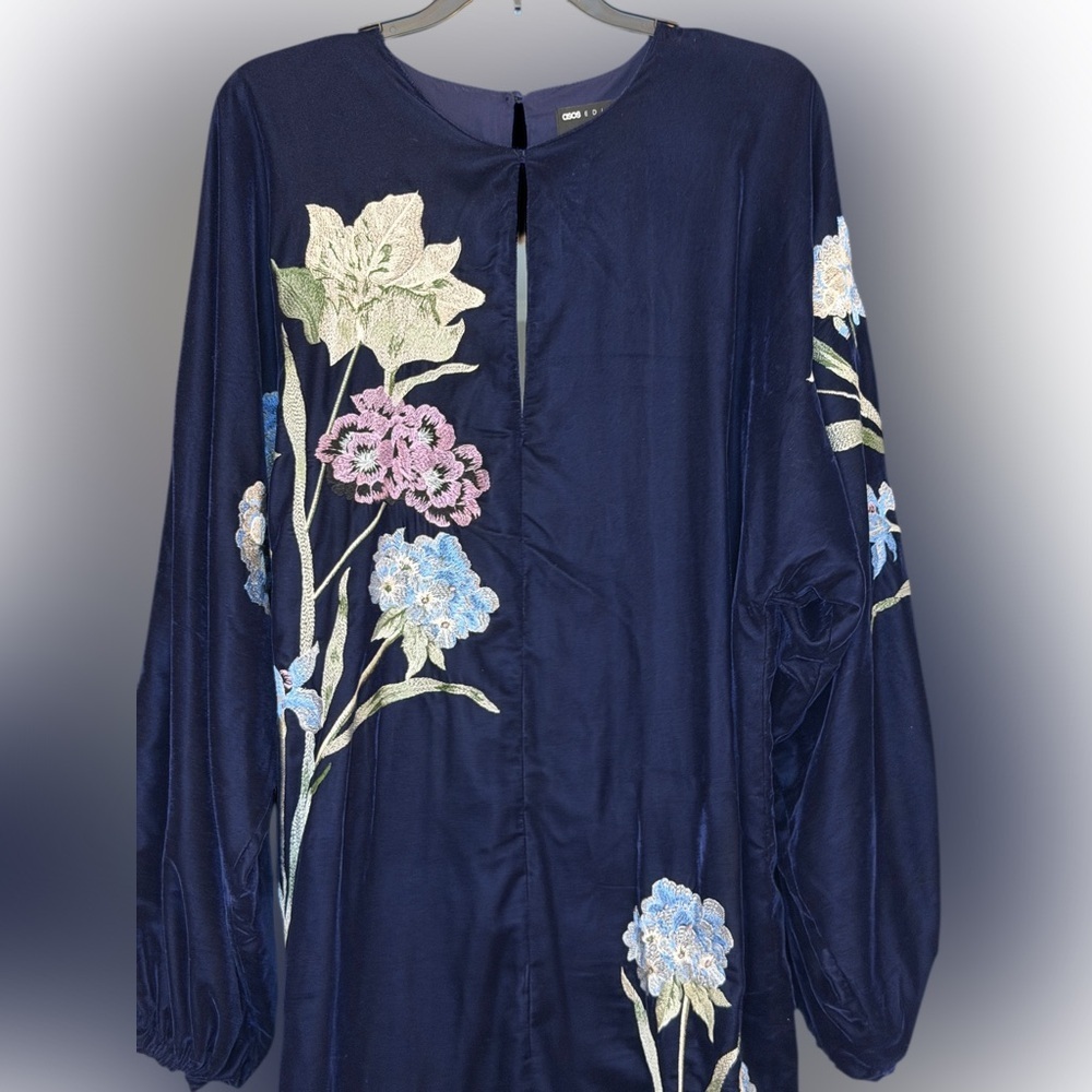 ASOS Navy Velvet Floral Embroidered Midi Dress Boho Luxe Long Sleeve Size 0 - Picture 9 of 14
